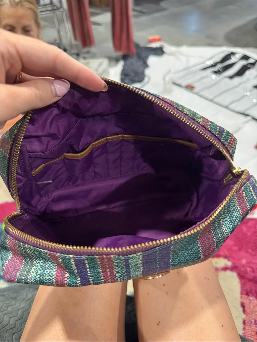 Tory Burch Striped Cosmetic Pouch in Green, Navy & Burgundy